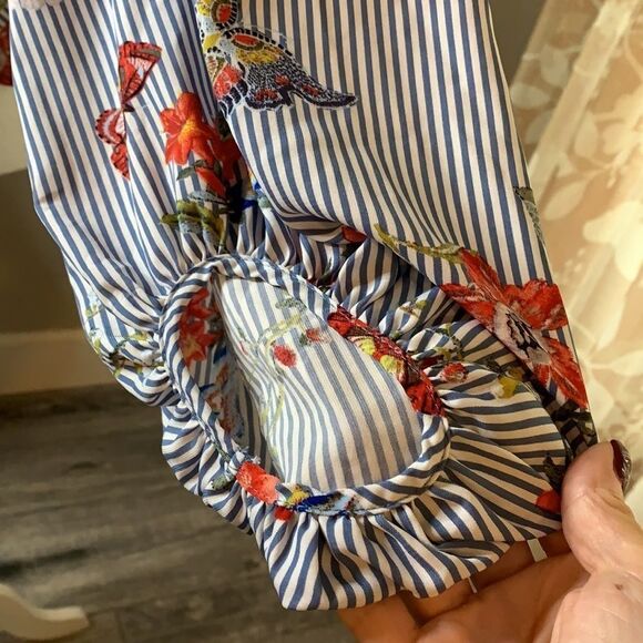 FASHION Nova blue white long sleeve cross top silky blouse ties at waist large - Picture 5 of 12